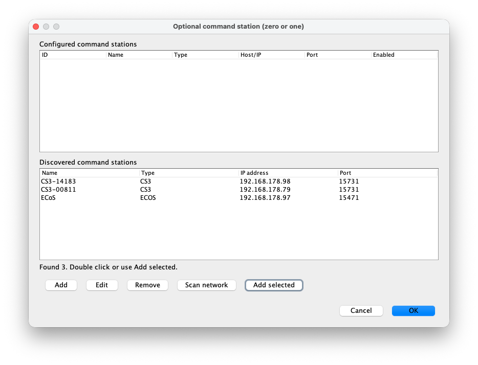 RailKernel Connections window for configuring command stations