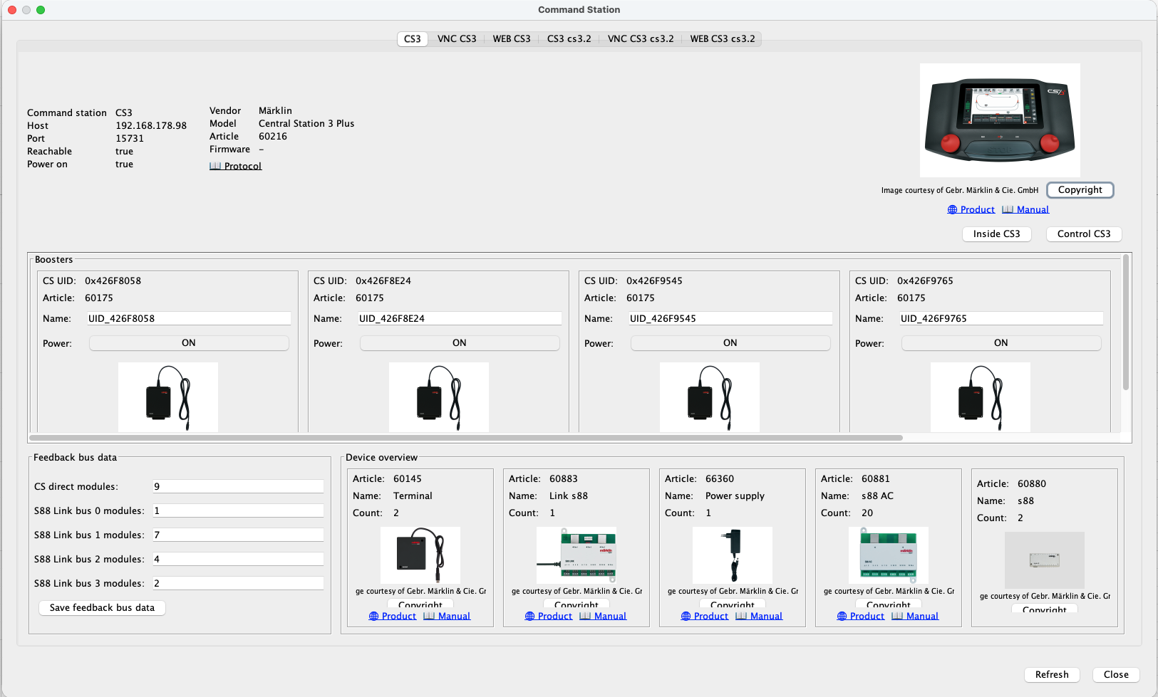 RailKernel command-station overview with station properties and documentation links