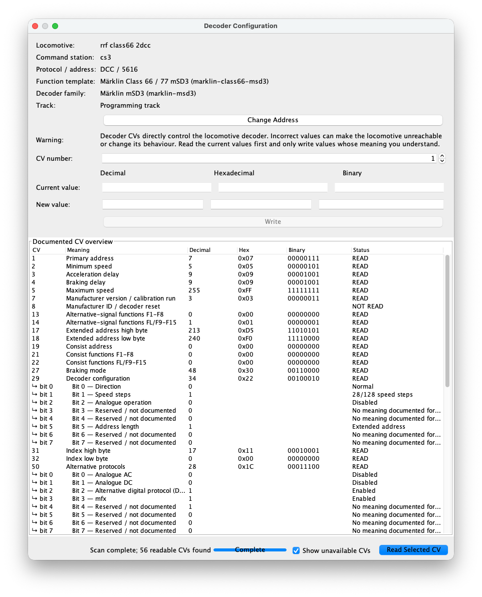 RailKernel Decoder Configuration after a complete DCC CV scan