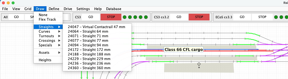 The RailKernel Draw menu with drawing tools and catalogue track