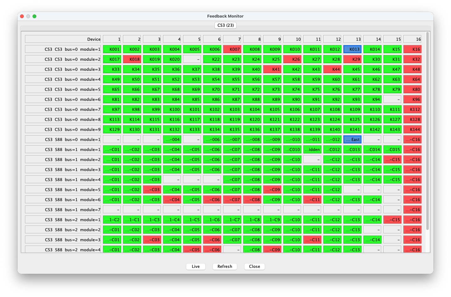 The RailKernel Feedback Monitor showing modules, contacts and live states