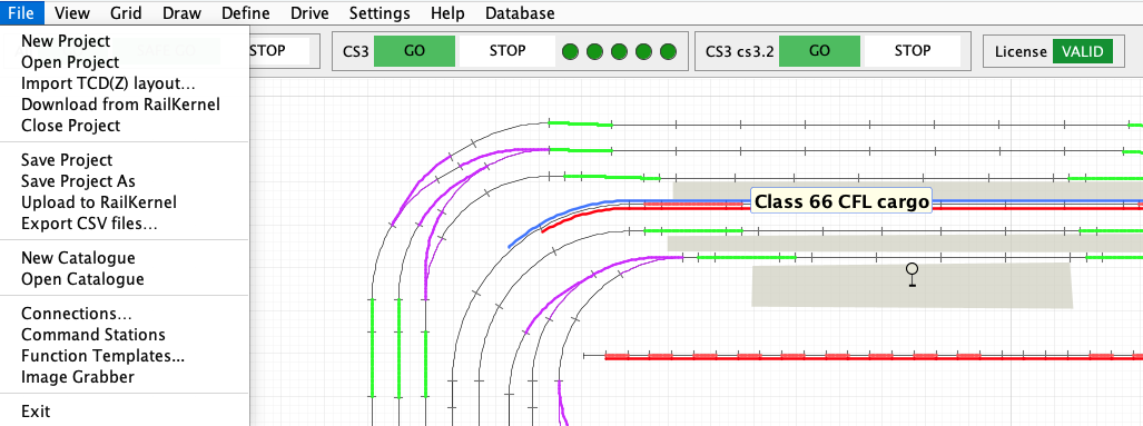 The File menu in RailKernel