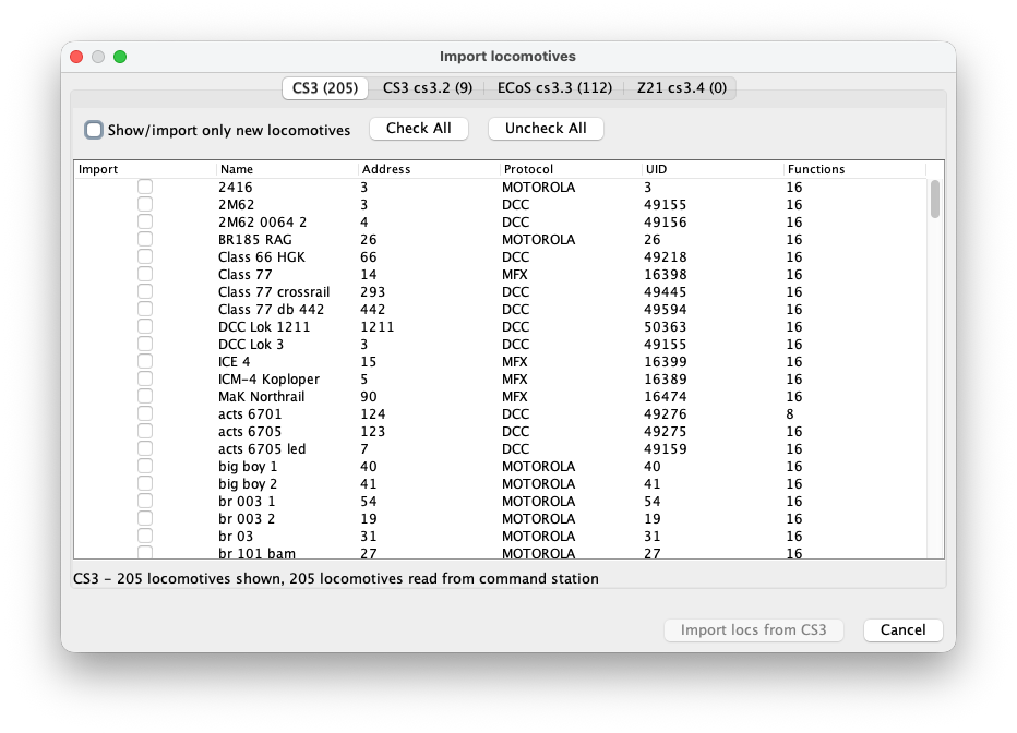 The Import locomotives dialog with a tab for each connected command station