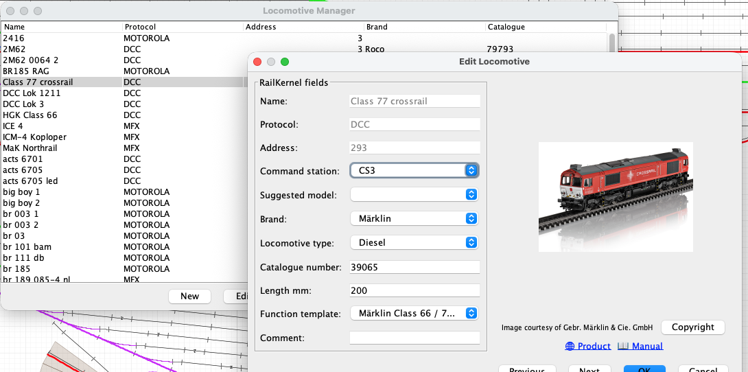 The Locomotive Manager and Edit Locomotive dialog