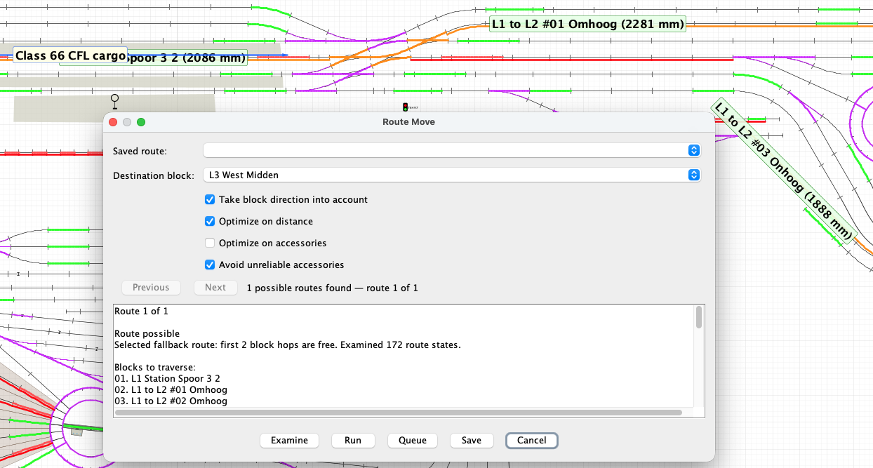 Route Move dialog showing a calculated alternative and its preview on the layout